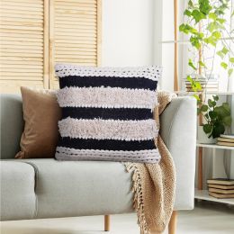 Adiv 18 x 18 Handcrafted Soft Shaggy Cotton Accent Throw Pillow; Handknit Yarn; White; Black; DunaWest