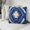 18 X 18 Handcrafted Shaggy Soft Cotton Accent Throw Pillow; Southwest Aztec Pattern; Blue and White; DunaWest