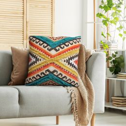 18 x 18 Square Cotton Accent Throw Pillow; Aztec Tribal Inspired Pattern; Trimmed Fringes; Multicolor; DunaWest