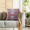 18 x 18 Handcrafted Square Cotton Accent Throw Pillow; Floral Ikat Dyed Pattern; Fringe Accent; Multicolor; DunaWest