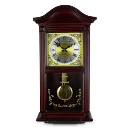 Bedford Clock Collection 22 Inch Wall Clock in Mahogany Cherry Oak Wood with Brass Pendulum and 4 Chimes